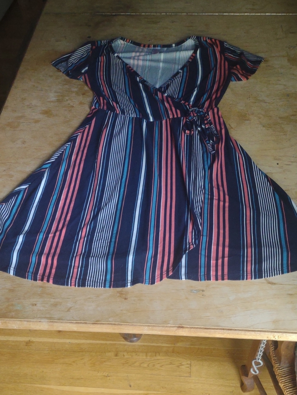 Striped Wrap-Style Dress (or long shirt) in Navy, Coral & Light Blue